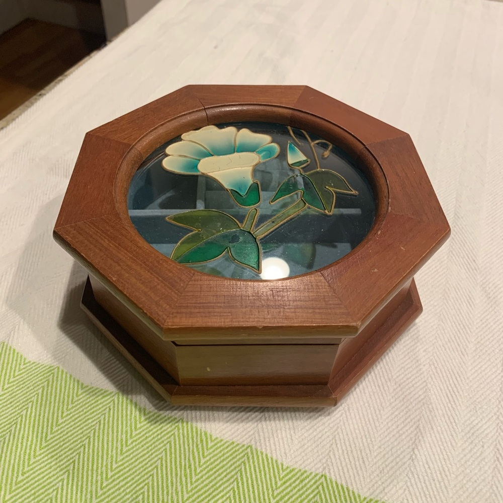 Vintage Mele Wooden Octagonal Jewelry Box with Floral Design